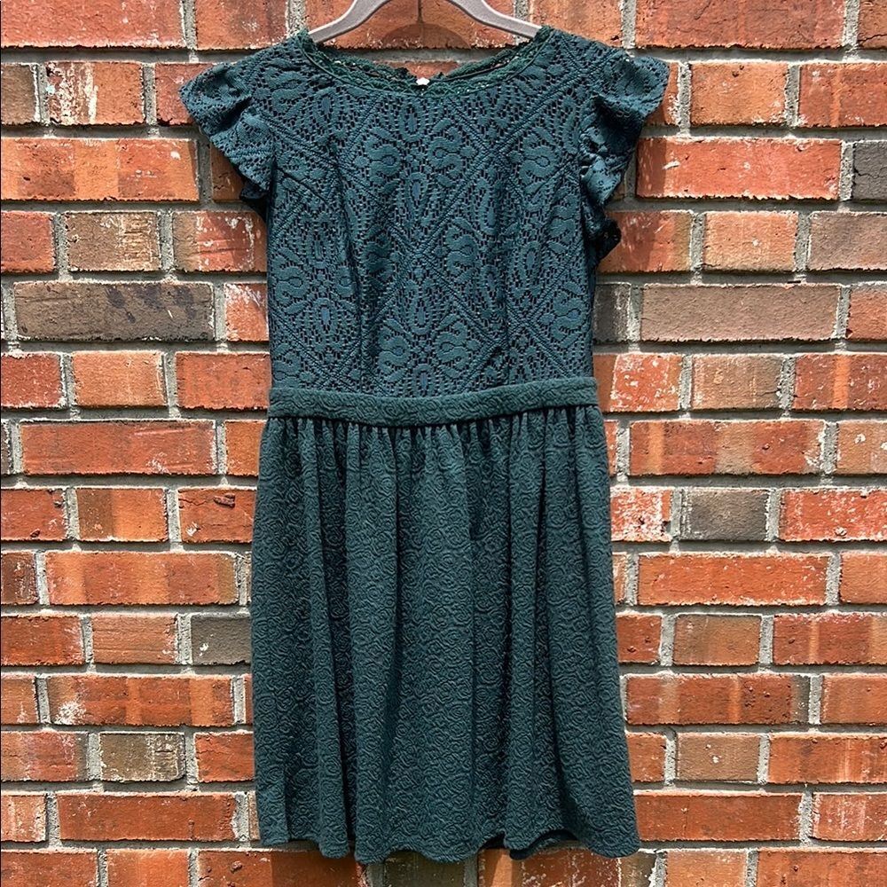 Xhilaration Dark Green Lace Flutter Sleeve Skater Mini Dress Size S